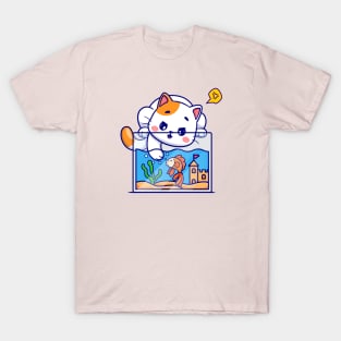 Cute Cat Playing With Fish In Aquarium Cartoon T-Shirt